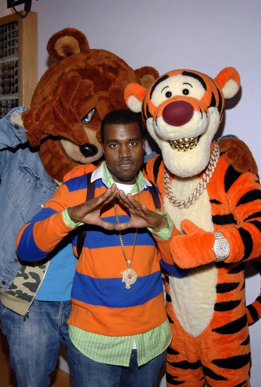 Archive photo, 2004. Backstage with a large bear mascot.
